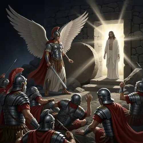 Resurrection of Jesus: Warrior Angel, Brilliant Light, Roman Soldiers
