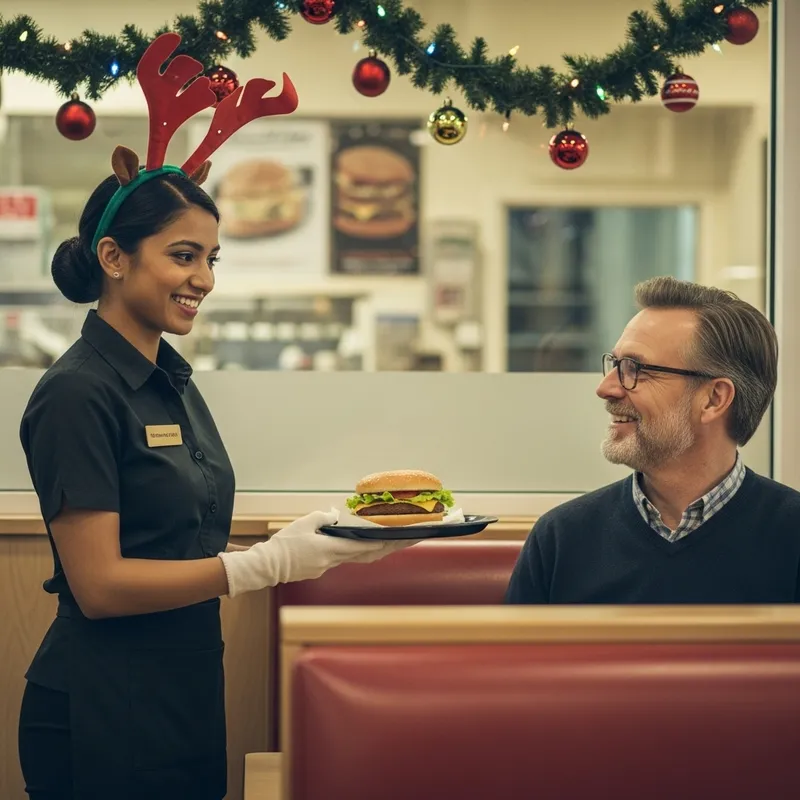 Heartwarming Holiday Scene: Festive Fast Food & Cheery Service Heartwarming Holiday Scene: Festive Fast Food & Cheery Service