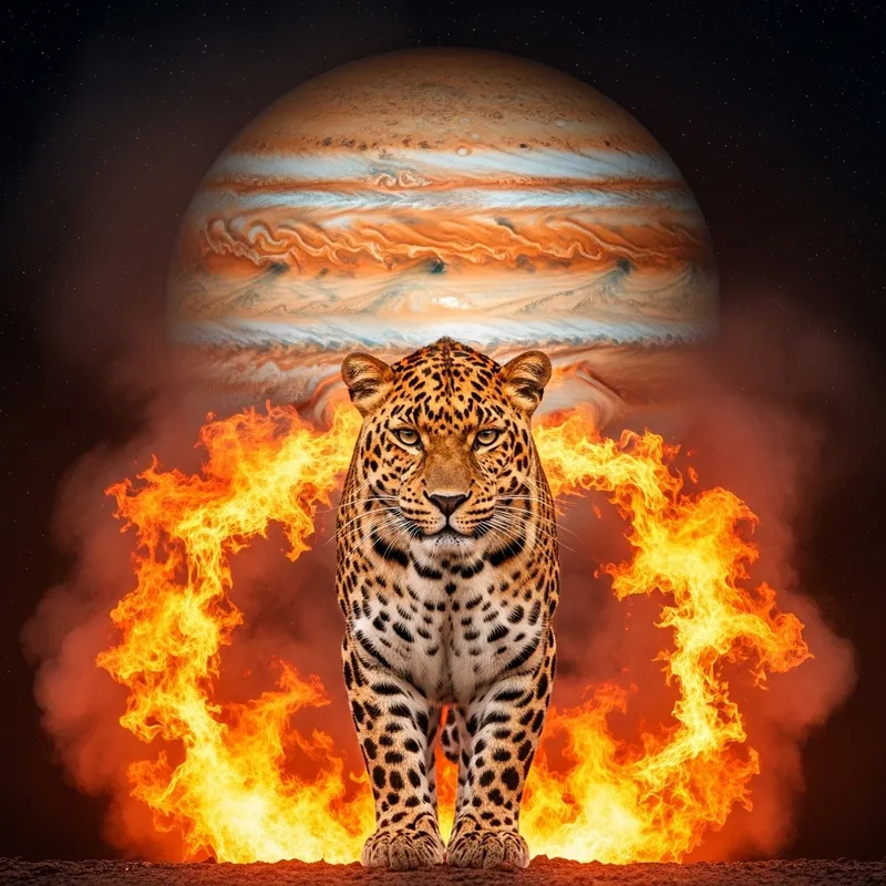 Leopard in Flames with Jupiter: A Majestic Encounter Leopard in Flames with Jupiter: A Majestic Encounter