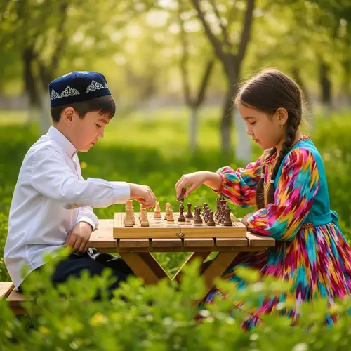 Young Kazakh Boy and Girl Playing Chess in Garden