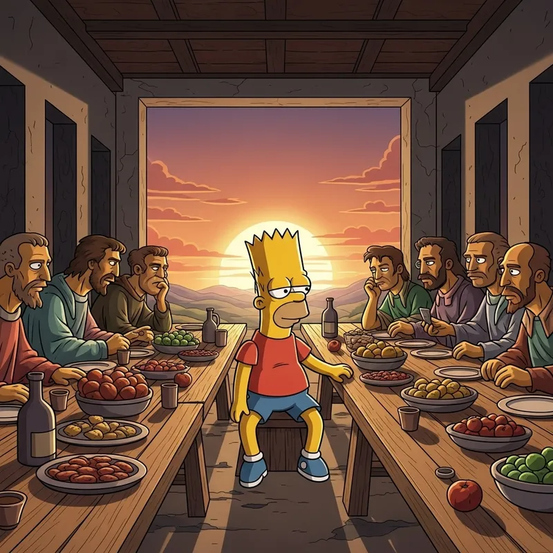 Bart Simpson Last Supper Parody Art with Unknown Characters
