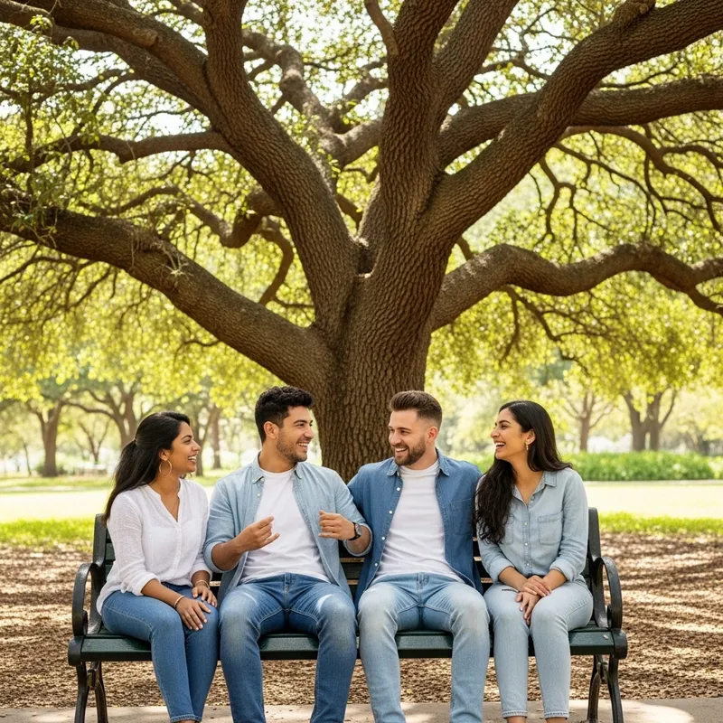 Friends Gathering under Oak Tree in Lush Park