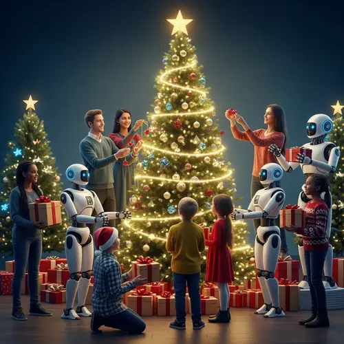 Christmas Celebration in 2050: Humans and Robots Uniting in Festivities