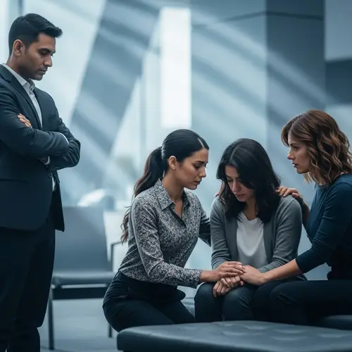 Diverse Support: Man Standing, Women Consoling Sitting Woman