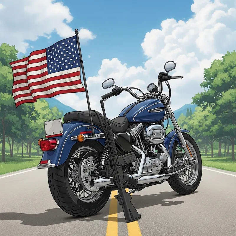 Harley Davidson Motorcycle with USA Flag and AR-15 - Symbol of Freedom & Patriotism