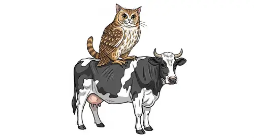 Unique Cat Owl Sitting on Cow - Illustration Art