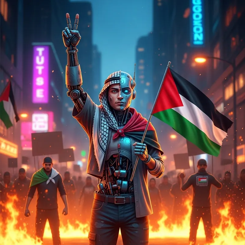 Futuristic Palestinian Peace Protest with Hybrid Ambassador