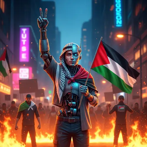 Palestinian Peace Ambassador in Futuristic Protest Scene