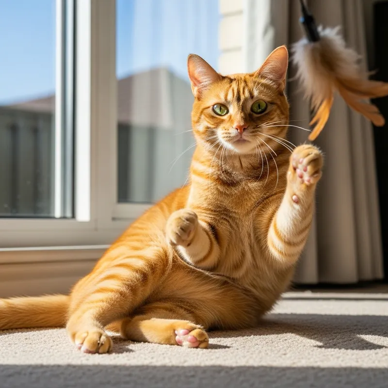 Vibrant Orange Domestic Short-Haired Cat Playing on Plush Carpet