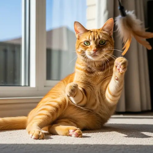 Vibrant Orange Domestic Short-Haired Cat Playing on Plush Carpet