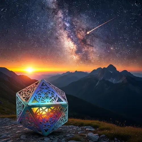 Vibrant Mountain Landscape with Sacred Geometry Object at Sunset