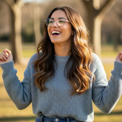 Cheerful Brunette Woman in Casual Attire | Joyful Expression