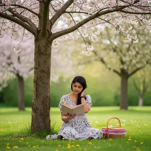 Young South Asian Female Reading Book Under Blossoming Cherry Tree