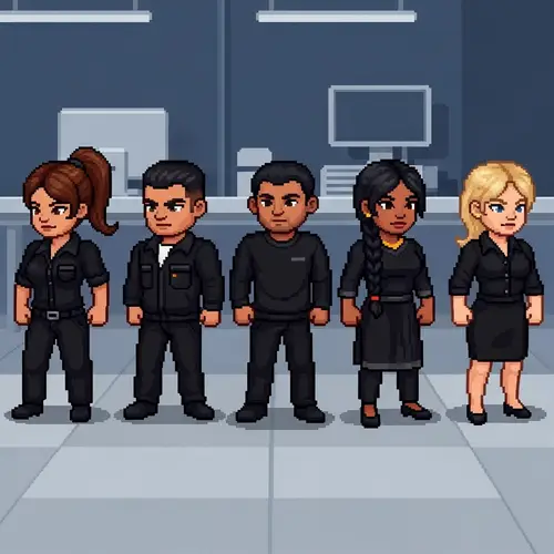 Pixel Art Workers: Diverse Group in Black Attire
