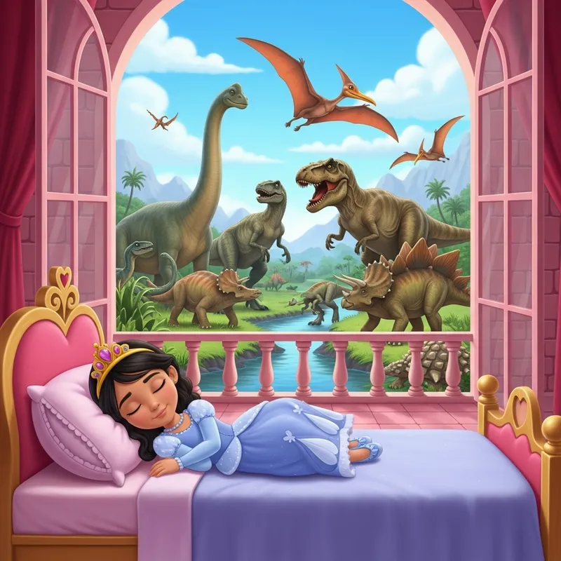 Sleeping Princess Surrounded by Dinosaurs in Pink Castle