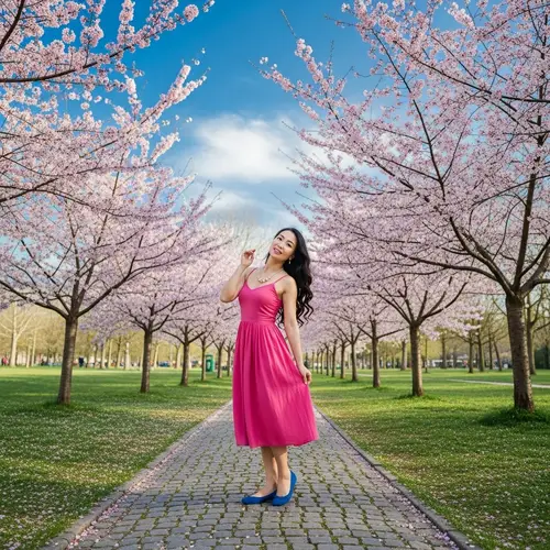 Hitomi Tanaka: Asian Woman in Pink Dress under Cherry Blossom Trees