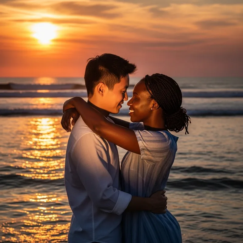 Warm Sunset Embrace: Asian Man & Black Woman on Tranquil Beach