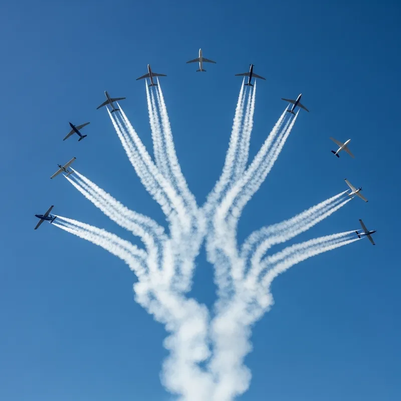8 Airplanes Dispersing Smoke Trails: Aerial Spectacle in the Sky