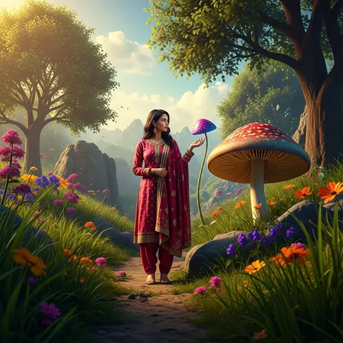Stylish South Asian Woman with Psychedelic Mushroom in Enchanting Landscape
