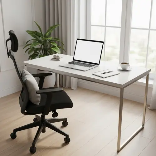 Minimalist Remote Work Setup with White Desk and Laptop