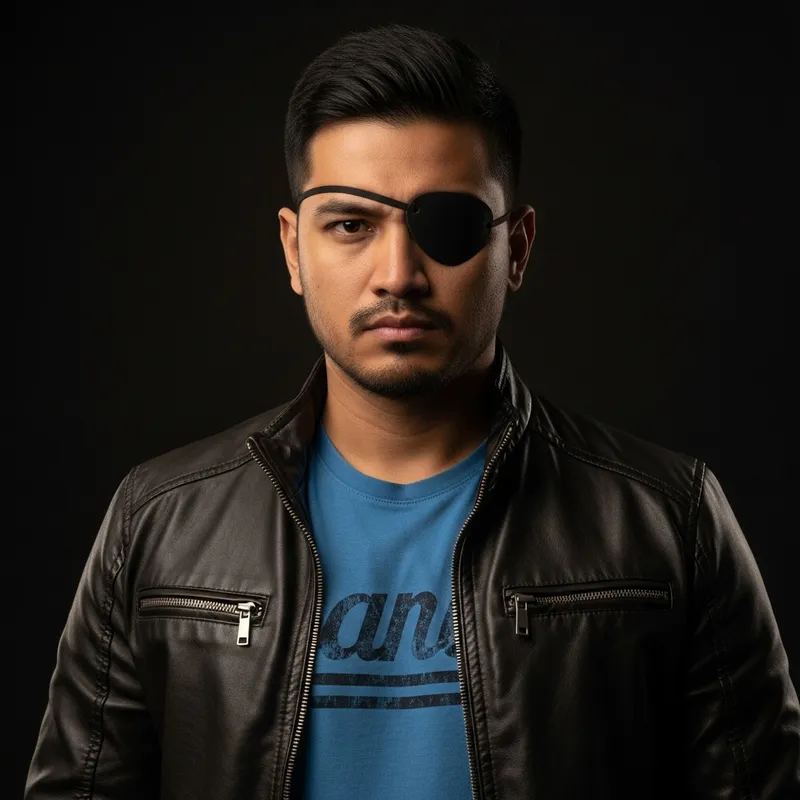 Confident Athletic South Asian Man in Leather Jacket with Eyepatch