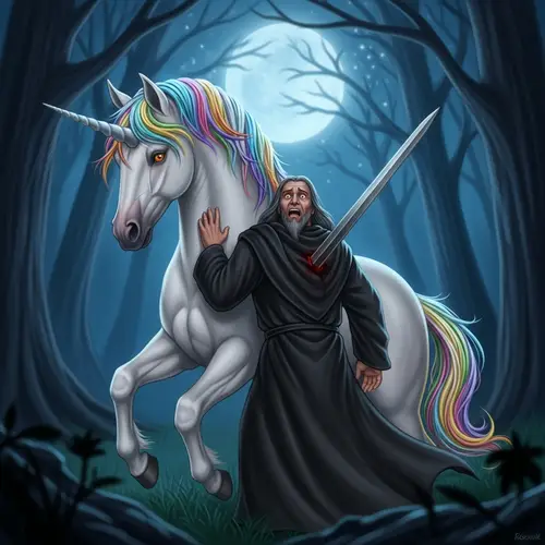 Mystical Creature vs Dark Wizard: Epic Confrontation in Moonlit Forest