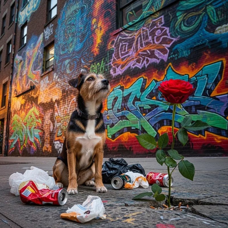 Juxtaposition of Urban Decay and Natural Beauty with Dog and Rose