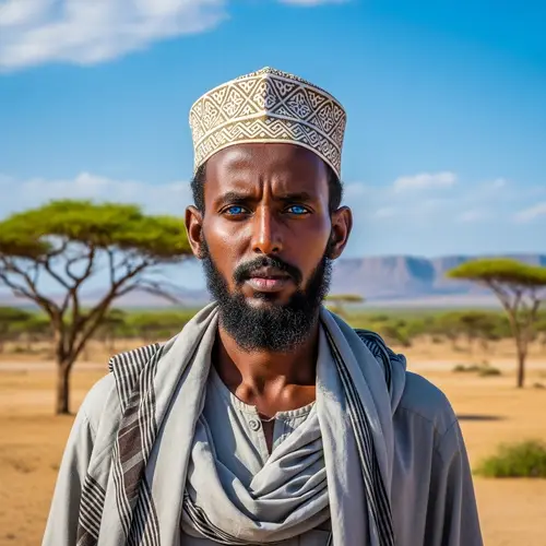 Somali Man in Traditional Attire with Bright Blue Eyes