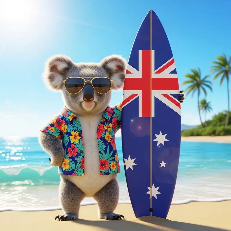 Vibrant Koala with Hawaiian Shirt and Sunglasses Beside Australian Flag Surfboard Vibrant Koala with Hawaiian Shirt and Sunglasses Beside Australian Flag Surfboard