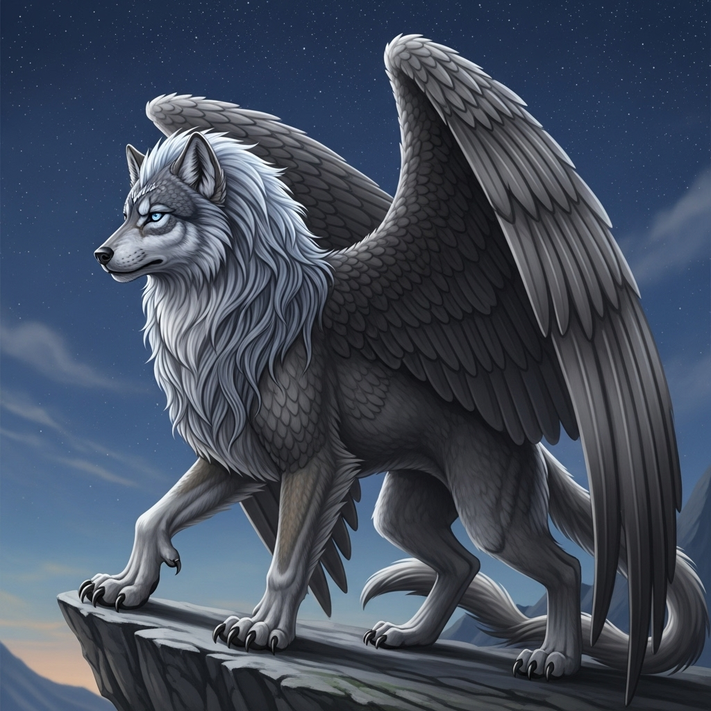 Grey wolf with angel wings art, image size:1024x1024