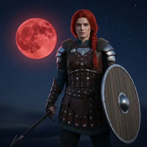 Red-Haired Viking Warrior Girl under Massive Red Moon