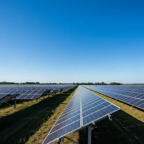 Vast Field of Gleaming Solar Panels under Clear Blue Sky