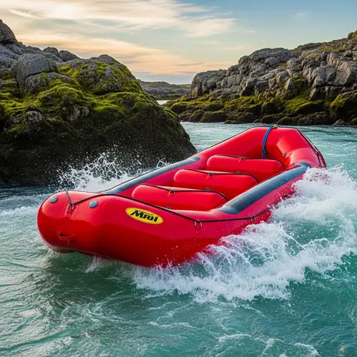 Bright Red Eight-Person Raft Navigating Choppy Waters