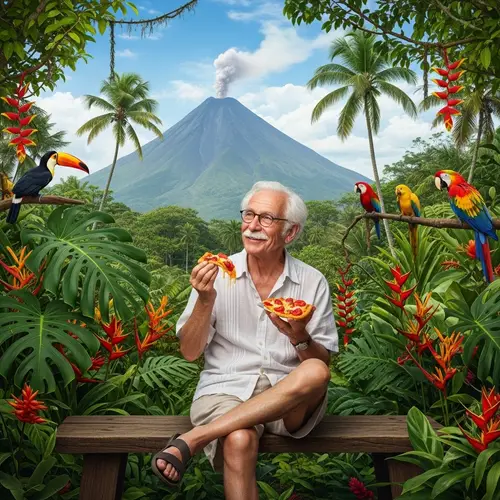 Aged Theoretical Physicist Eating Pizza in Tropical Paradise