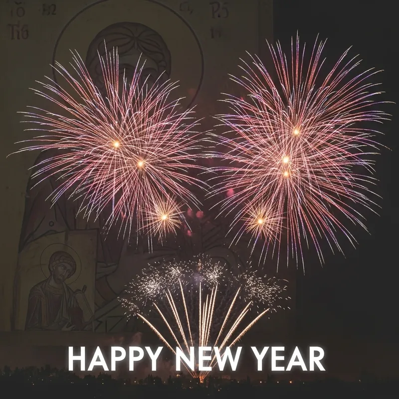Joyful New Year Fireworks with Jesus in the Background Joyful New Year Fireworks with Jesus in the Background