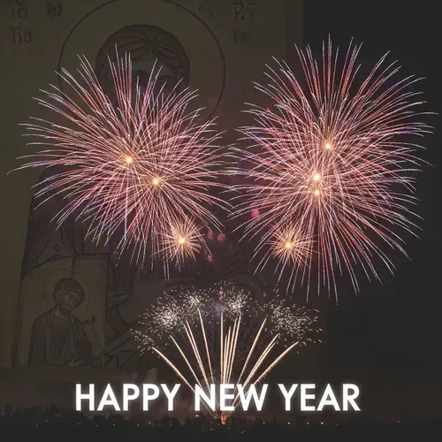 Vibrant New Year Fireworks with Serene Religious Figure