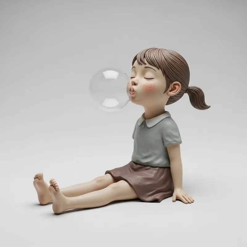 Korean Girl Blowing Bubbles - Clay Sculpture Art