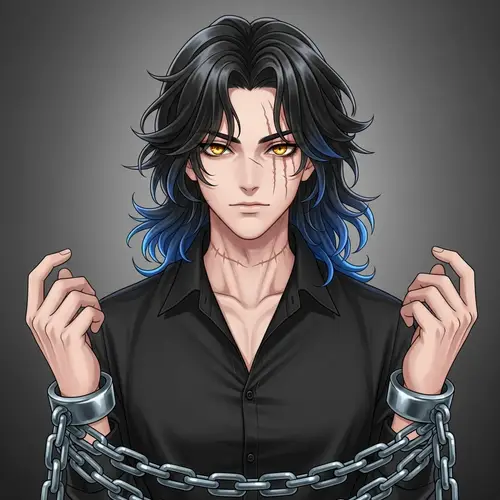 Young Male Anime Character with Long Black and Blue Hair