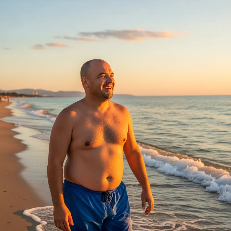 Chubby Shirtless Headshaved Guy at Beach - Joyful Moments