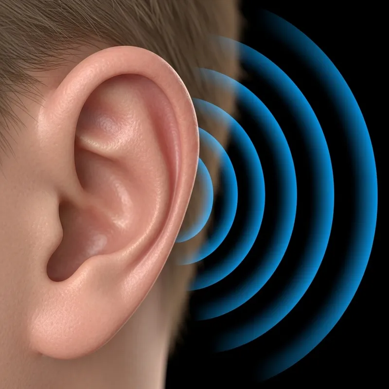 Hyper-Realistic Human Ear Image with Blue Sound Waves Hyper-Realistic Human Ear Image with Blue Sound Waves