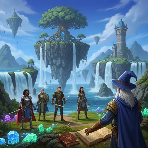 Fantasy RPG Scene with Floating Islands and Powerful Wizard