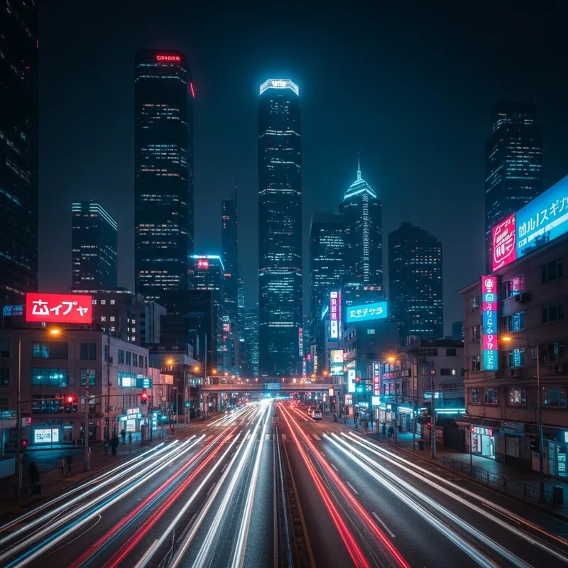 Neon Cyberpunk Cityscape: Futuristic Night Lights and Skyscrapers