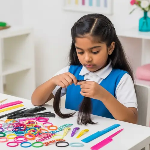 Young South Asian Girl Creating Intricate Hairstyles