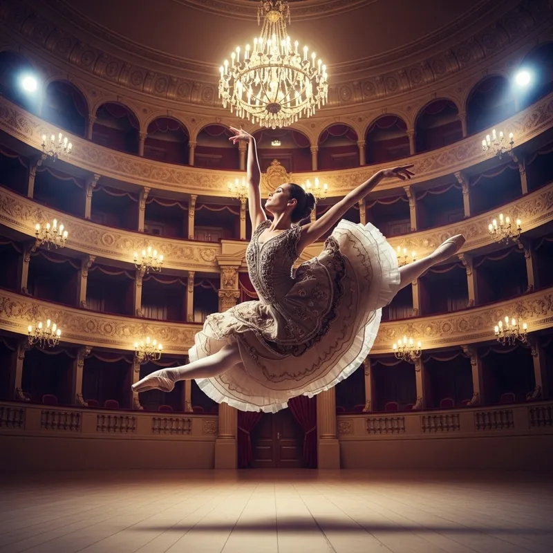 Elegant Ballerina Leaping in Grand Theater - Vibrant Colors, Dramatic Lighting