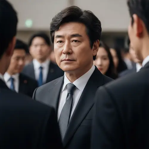 Middle-Aged Asian Man in Formal Suit at Busy Event
