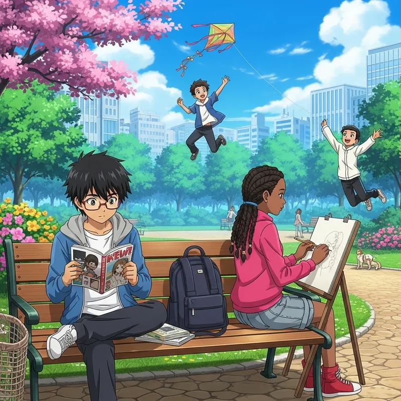 Tranquil Anime Park Scene with Diverse Characters