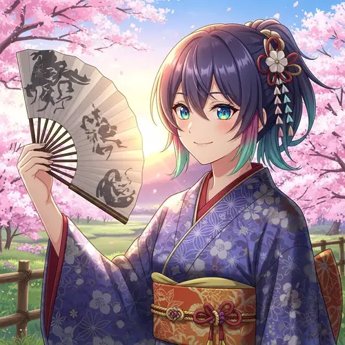 Colorful Anime Character in Traditional Kimono with Sakura Trees