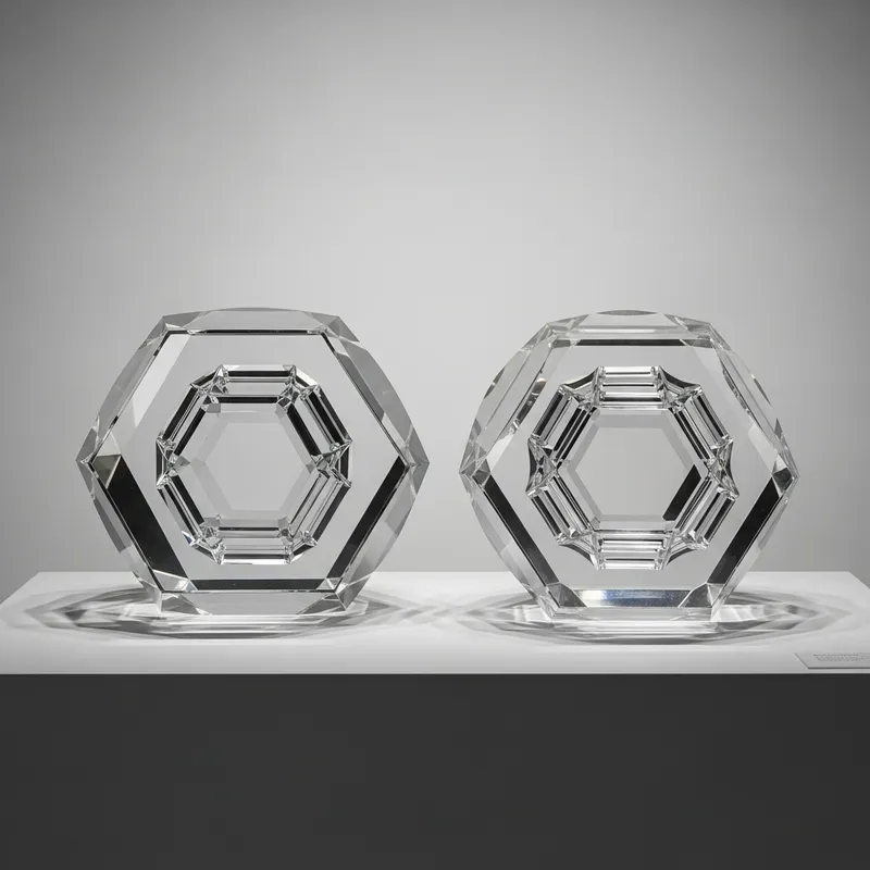 Modern Glass Icosahedron & Dodecahedron Sculptures on Pedestal Modern Glass Icosahedron & Dodecahedron Sculptures on Pedestal