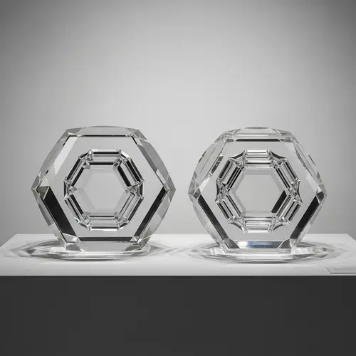 Geometric Glass Sculptures: Icosahedron & Dodecahedron on Modern Pedestal