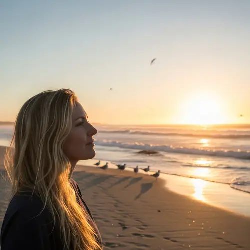 Serene Beach Sunset Scene with Woman Gazing Towards Horizon